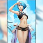  adapted_costume aqua_(kingdom_hearts) arm_up artist_name bangs bare_shoulders bikini black_bikini blue_eyes blue_hair blue_sky bracelet breasts closed_mouth cloud commentary day english_commentary glint groin hair_between_eyes jewelry kingdom_hearts kingdom_hearts_birth_by_sleep legs_together medium_breasts navel nikusenpai outdoors palm_tree shading_eyes short_hair sky smile solo sparkle standing stomach swept_bangs swimsuit thighs tree underboob zoom_layer 