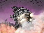  fire gamera gamera_(series) giant_monster gyaos kaijuu monster no_humans purple_sky smoke turtle turtle_shell tusks wings 