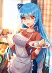  alternate_costume apron bison_cangshu blue_hair blue_pants breasts eyebrows_visible_through_hair food food_on_face hat highres holding holding_plate indoors long_hair long_sleeves looking_at_viewer medium_breasts mini_hat open_mouth pants plate quincy_(zhan_jian_shao_nyu) red_eyes red_shirt shirt solo tilted_headwear zhan_jian_shao_nyu 