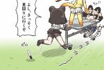  african_wild_dog_(kemono_friends) animal_ears bear_ears bear_tail bike_shorts brown_bear_(kemono_friends) chibi dog_ears elbow_gloves gloves golden_snub-nosed_monkey_(kemono_friends) grass kemono_friends kemono_friends_pavilion long_hair marker monkey_ears monkey_tail multicolored_hair multiple_girls playground_equipment_(kemono_friends_pavilion) ponytail shirt short_hair simple_background skirt tail tanaka_kusao thighhighs translated white_background whiteboard 