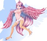  2018 animal_humanoid avian avian_humanoid blue_eyes breasts digital_media_(artwork) feathered_wings feathers female hair harpy humanoid likunea looking_at_viewer monster_girl_(genre) nipples open_mouth pink_hair simple_background solo white_background wings 