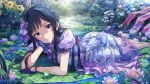  arm_support artist_request bangs barefoot black_hair blue_eyes blue_gloves blush bow closed_mouth day dress flower forest frog gloves hair_ornament half_updo head_rest head_tilt idolmaster idolmaster_million_live! idolmaster_million_live!_theater_days leaf light_rays lily_pad long_hair looking_at_viewer lotus lying mogami_shizuka nature nose_shade official_art on_stomach outdoors short_sleeves smile solo sunbeam sunflower sunlight water wet wet_clothes 