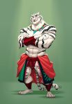 2018 anthro clothed clothing digital_media_(artwork) feline fur furrybob hi_res male mammal muscular muscular_male red_eyes simple_background solo standing stripes tiger white_fur white_tiger 