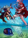  2girls absurdres bikini blush breasts cape female_my_unit_(fire_emblem:_kakusei) fire_emblem fire_emblem:_kakusei fire_emblem_heroes fish gloves hair_ornament highres long_hair looking_at_viewer multiple_girls my_unit_(fire_emblem:_kakusei) navel nintendo ocean polearm red_eyes red_hair robe shell silver_hair small_breasts smile spear star swimsuit tiamo twintails very_long_hair water weapon white_hair winged_hair_ornament 