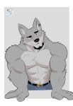  2018 abs anthro belt biceps canine clothed clothing digital_media_(artwork) facial_hair fur goatee jazcabungcal male mammal muscular muscular_male pants pecs simple_background topless wolf 