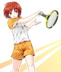  anibache baby_steps bangs commentary_request holding looking_to_the_side open_mouth orange_shorts racket red_eyes red_hair shimizu_aki_(baby_steps) shirt short_hair short_sleeves shorts solo sportswear standing sweat swinging tennis_racket tennis_uniform white_shirt 