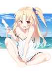  :d absurdres american_flag american_flag_print azur_lane barefoot beach blonde_hair bow breasts cleveland_(azur_lane) cloud collarbone commentary covering covering_crotch day flag_print food hair_bow highres joker_(tomakin524) long_hair looking_at_viewer no_bra ocean open_mouth popsicle print_bow red_eyes shirt side_ponytail sitting sky small_breasts smile 