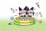  animal_ears ball_pit black_hair blush bow bowtie chibi fox_ears fox_tail grass kemono_friends kemono_friends_pavilion long_hair marker multicolored_hair playground_equipment_(kemono_friends_pavilion) silver_fox_(kemono_friends) silver_hair simple_background solo tail tanaka_kusao wading_pool white_background 