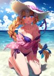  arm_under_breasts barefoot beach bikini blonde_hair blue_bikini blue_bow blue_eyes blue_sky blush bow braid breast_hold breasts cleavage cloud cloudy_sky collarbone commentary day fate/grand_order fate_(series) full_body hair_bow hand_on_own_knee hat headpiece jeanne_d'arc_(fate) jeanne_d'arc_(fate)_(all) kneeling large_breasts long_hair looking_at_viewer ocean off_shoulder open_mouth outdoors sand side-tie_bikini single_braid sky solo sun_hat sunlight swimsuit untied untied_bikini user_fvsd2278 wardrobe_malfunction water wet 