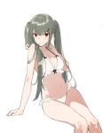  aiko_(kanl) arm_support bikini braid breasts cleavage frill_trim green_hair hair_ornament hair_over_shoulder hairclip hand_up large_breasts long_hair navel original parted_lips red_eyes simple_background sitting solo swimsuit tsurime twin_braids twintails white_background white_bikini work_in_progress 