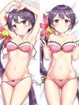  absurdres akebono_(kantai_collection) armpits bell bra dakimakura flower hair_bell hair_flower hair_ornament highres jingle_bell kantai_collection kengorou_saemon_ii_sei lace lace-trimmed_panties long_hair navel panties pink_bra pink_panties purple_eyes purple_hair smile underwear underwear_only 