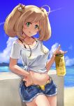  ahoge alcohol bangs beach beer beer_can bikini bikini_under_clothes blonde_hair blue_shorts blush breasts can collarbone cutoffs denim denim_shorts green_eyes highres holding holding_can idolmaster idolmaster_cinderella_girls leaning_back long_hair looking_at_viewer medium_breasts navel open_clothes open_shorts satomura_kyou satou_shin shirt short_shorts shorts side-tie_bikini sidelocks sky smile solo swept_bangs swimsuit t-shirt tied_shirt twintails white_shirt yellow_bikini 