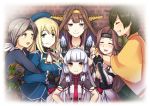  :d arms_around_neck atago_(kantai_collection) beret black_gloves blonde_hair blush brown_eyes brown_hair chitose_(kantai_collection) closed_eyes commentary_request eyebrows_visible_through_hair gloves glowing green_eyes grey_hair grin hair_ribbon hands_on_another's_head hat headband hiryuu_(kantai_collection) hug hug_from_behind iwana jintsuu_(kantai_collection) kantai_collection kongou_(kantai_collection) long_hair looking_at_viewer multiple_girls murakumo_(kantai_collection) necktie open_mouth purple_eyes remodel_(kantai_collection) ribbon smile tress_ribbon 