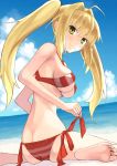  ashiya_hiro ass bikini breasts butt_crack commentary_request criss-cross_halter fate/grand_order fate_(series) green_eyes hair_intakes halter_top halterneck highres nero_claudius_(fate)_(all) nero_claudius_(swimsuit_caster)_(fate) red_bikini side-tie_bikini solo striped striped_bikini swimsuit twintails 