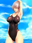  armpits blue_sky breasts competition_swimsuit cowboy_shot day eyebrows_visible_through_hair fate_(series) highres impossible_clothes jeanne_d'arc_(alter)_(fate) jeanne_d'arc_(fate)_(all) large_breasts looking_at_viewer miyashiro_ryuutarou one-piece_swimsuit open_mouth short_hair silver_hair sky standing swimsuit water wet yellow_eyes 