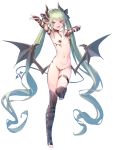 absurdres arm_strap bangs bare_shoulders bat_wings belt black_legwear blush breasts choker collarbone deluxe&lt;&lt;&lt; demon_girl demon_tail eyebrows_visible_through_hair fang fingerless_gloves full_body gloves green_hair hair_ribbon highres horns long_hair looking_at_viewer midriff navel open_mouth original pasties pointy_ears purple_eyes revealing_clothes ribbon ryisu_(deluxe&lt;&lt;&lt;) shirt short_shorts shorts simple_background small_breasts smile solo strap tail thighhighs toeless_legwear toes twintails very_long_hair white_background wings 