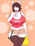 anthro bag beverage big_breasts black_hair blue_eyes blush breasts canine cleavage clothed clothing dog drinking ear_piercing female hair hair_over_eye holding_object huge_breasts legwear maggie_applebee mammal midriff navel piercing shirt shorts signature solo straw tank_top theycallhimcake thigh_highs 