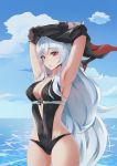  1girl armpits arms_up azur_lane bangs beach black_swimsuit blue_sky breasts bubble cleavage cloud commentary_request covered_navel day eyebrows_visible_through_hair gan-viking graf_zeppelin_(azur_lane) groin hair_between_eyes highres iron_cross jacket jacket_on_shoulders large_breasts leg_up long_hair looking_at_viewer messy_hair navel navel_cutout ocean off_shoulder one-piece_swimsuit outdoors outstretched_arm parted_lips red_eyes revision sideboob sidelocks silver_hair sky solo swimming swimsuit taut_clothes taut_swimsuit thighs undressing very_long_hair 