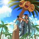  alolan_exeggutor alolan_form aqua_eyes aqua_hair beach black_gloves blue_sky chiyoganemaru climbing cloud cloudy_sky crossover day eriyama fingerless_gloves gen_7_pokemon gloves japanese_clothes lens_flare long_hair looking_at_viewer male_focus outdoors palm_tree pokemon pokemon_(creature) sandals sky smile touken_ranbu tree very_long_hair 