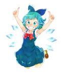  ahoge aqua_eyes aqua_hair arms_up bare_arms blue_bow blue_dress blue_eyes blue_hair bogyaku_no_m bow brown_footwear cirno collared_shirt dress full_body green_eyes green_hair grin hair_bow hair_ornament ice ice_wings index_finger_raised jumping legs_folded legs_up loafers looking_at_viewer multicolored multicolored_eyes multicolored_hair puffy_short_sleeves puffy_sleeves red_bow red_ribbon ribbon shirt shoes short_hair short_sleeves simple_background smile solo tareme touhou two-tone_hair undershirt white_background white_shirt wing_collar wings 
