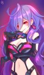  absurdres blush breasts cleavage commentary_request elbow_gloves eyebrows eyebrows_visible_through_hair gloves hair_between_eyes highres iris_heart jewelry jijey kami_jigen_game_neptune_v korean_commentary large_breasts long_hair looking_at_viewer navel neptune_(series) pink_eyes power_symbol purple_hair single_earring smile solo symbol-shaped_pupils 