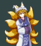  bangs blonde_hair closed_mouth cowboy_shot dress eyebrows_visible_through_hair fox_tail frilled_sleeves frills hair_between_eyes hands_in_opposite_sleeves hat long_sleeves looking_at_viewer lowres multiple_tails pillow_hat pixel_art short_hair simple_background smile solo standing tabard tail touhou unk_kyouso white_dress wide_sleeves yakumo_ran yellow_eyes 