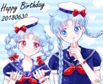  alternate_hair_color alternate_hairstyle bangs bishoujo_senshi_sailor_moon blue blue_background blue_eyes blue_hair blue_sailor_collar bow bracelet braid chibi_usa closed_mouth crescent dated earrings finger_to_mouth hair_bow happy_birthday hat hat_bow hoshikuzu_(milkyway792) jewelry light_blue_hair long_hair looking_at_another multiple_girls parted_bangs red_bow red_eyes sailor sailor_collar smile star striped striped_background tsukino_usagi twin_braids upper_body white_hat 