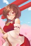  ascot bare_shoulders blue_sky blurry breasts broom brown_hair cherry_blossoms cloud cloudy_sky commentary cosplay covered_nipples cowboy_shot day depth_of_field detached_sleeves eyebrows_visible_through_hair glasses hakurei_reimu hakurei_reimu_(cosplay) highres holding holding_broom looking_at_viewer low_twintails medium_breasts miyajima_(anthem-anthem) open_mouth outdoors parted_lips petals red-framed_eyewear red_shirt red_skirt shirt short_hair skirt sky solo torii touhou twintails usami_sumireko yellow_eyes yellow_neckwear 