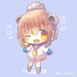 ;d blue_sailor_collar blush brown_eyes brown_hair chibi commentary_request dress full_body grey_footwear headgear kantai_collection kouu_hiyoyo long_hair long_sleeves looking_at_viewer lowres neckerchief one_eye_closed open_mouth outstretched_arms purple_background sailor_collar sailor_dress sleeves_past_wrists smile solo speaking_tube_headset standing twitter_username white_dress yellow_neckwear yukikaze_(kantai_collection) 