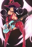  bare_shoulders black_hair boots breasts cleavage collarbone commentary covered_nipples crotch english_commentary fingerless_gloves gloves green_eyes guilty_gear guitar hat heterochromia highres i-no instrument large_breasts mole mole_above_mouth music nail_polish parted_lips platinum_disco playing_instrument plectrum red_hat revealing_clothes short_hair solo speaker thigh_boots thighhighs underboob witch_hat yellow_eyes 