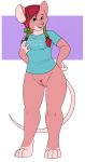  2018 anthro barefoot bottomless buckteeth clothed clothing female fur hair mammal mouse os pigtails pink_fur pubes pussy red_hair rodent smile solo teeth yellow_eyes 