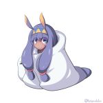  animal_ears artist_name blue_eyes blush chibi closed_mouth dark_skin eyebrows_visible_through_hair fate/grand_order fate_(series) hairband highres jackal_ears koyade long_hair looking_at_viewer medjed nitocris_(fate/grand_order) purple_hair simple_background smile twitter_username white_background 