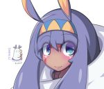  animal_ears blue_eyes blush chibi closed_mouth dark_skin eyebrows_visible_through_hair fate/grand_order fate_(series) hairband jackal_ears koyade long_hair looking_at_viewer medjed nitocris_(fate/grand_order) purple_hair smile translation_request 