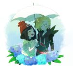  1girl beanie black_hair blonde_hair closed_eyes commentary_request couple flower gladio_(pokemon) green_eyes hair_over_one_eye hat hetero holding holding_umbrella hood hood_down long_sleeves miu_(miuuu_721) mizuki_(pokemon) open_mouth pokemon pokemon_(game) pokemon_sm rain red_hat shared_umbrella short_hair short_sleeves signature torn_clothes twitter_username umbrella white_umbrella 