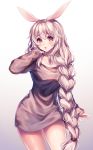  animal_ears bangs blush braid breasts bunny_ears cleavage cowboy_shot dress grey_hair hair_between_eyes highres long_hair long_sleeves looking_at_viewer open_mouth orange_eyes original red_eyes sasucchi95 sweater sweater_dress very_long_hair 