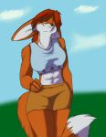 2013 2018 abs anthro big_ears black_nose blue_eyes breasts canine clothing crop_top dipstick_tail ears_down female fox foxenawolf foxfencer fur hair hand_on_hip mammal midriff multicolored_tail navel orange_fur outside rebecca_(foxfencer) red_hair shirt shorts smile solo 