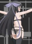  10s 1girl arms_up ass awa black_bra black_eyes black_hair black_legwear black_panties blush bra breasts female from_behind garter_belt garter_straps grey_background gym_leader hair_ornament hair_ribbon jpeg_artifacts lace_panties lingerie long_hair looking_at_viewer looking_back mache_(pokemon) matching_hair/eyes outstretched_arms panties pokemon pokemon_(game) pokemon_xy purple_ribbon ribbon shiny shiny_hair simple_background small_breasts solo standing thighhighs two-tone_background underwear underwear_only 