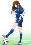  2018_fifa_world_cup adidas ball brown_hair cleats commentary_request grass green_eyes highres idolmaster idolmaster_cinderella_girls inoue_sora japan japanese_flag long_hair looking_at_viewer open_mouth shibuya_rin shorts soccer soccer_ball soccer_uniform socks solo sportswear telstar_18 twitter_username world_cup 