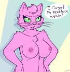  ! 2018 abstract_background anthro big_breasts bojack_horseman breasts cat chest_tuft dialogue erect_nipples eyelashes feline female fluffy front_view fur green_eyes hair half-length_portrait hands_on_hips mammal nipples nude open_mouth pink_fur pink_hair pink_nipples pink_nose portrait princess_carolyn signature skoon slit_pupils solo tuft whiskers 