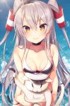  amatsukaze_(kantai_collection) animal bangs bare_shoulders batsubyou bikini black_bikini blush breasts brown_eyes cat choker cleavage collarbone commentary_request eyebrows_visible_through_hair garrison_cap hair_tubes hat highres holding holding_cat kantai_collection long_hair looking_at_viewer md5_mismatch military_hat mini_hat side-tie_bikini silver_hair small_breasts smile solo swimsuit tahya two_side_up untied untied_bikini 