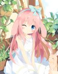  ;&lt; animal animal_ears bare_arms bare_shoulders blue_bow blue_eyes blush bow bunny bunny_ears closed_mouth commentary day dress ears_down floppy_ears flower frilled_dress frills hair_bow head_tilt highres kushida_you leaf looking_at_viewer one_eye_closed original outdoors pink_hair plant potted_plant sitting sleeveless sleeveless_dress solo v_arms white_dress white_flower 