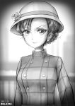  absurdres alternate_hairstyle artist_name bangs blurry blurry_background braid closed_mouth coat commentary_request dated depth_of_field eyebrows_visible_through_hair flower girls_und_panzer greyscale hair_up hat hat_flower highres light_frown long_sleeves looking_at_viewer monochrome nishi_kinuyo oldschool partial_commentary rose short_hair signature standing tied_hair tonan_leopard twin_braids upper_body 