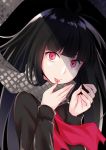  bangs black_hair black_shirt closed_mouth commentary_request fate/grand_order fate_(series) fingernails grey_scarf hands_up head_tilt highres ko_yu long_hair long_sleeves looking_at_viewer oryou_(fate) pink_eyes red_neckwear scarf shirt solo tongue tongue_out very_long_hair 