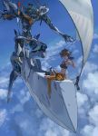  arm_support barefoot binoculars blue_background blue_sky breasts brown_eyes brown_hair clipboard cloud commentary_request copyright_request day hand_up highres iconic_field looking_afar mecha medium_breasts messy_hair midriff orange_pants pants radio sail short_hair sitting sky solo string_of_flags wind yamashita_ikuto 