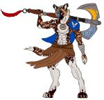  african_wild_dog anthro axe barefoot canine clothed clothing ear_piercing face_paint fur grin holding_object holding_weapon jewelry kadisurmik loincloth look_at_viewer male mammal melee_weapon multicolored_fur muscular muscular_male necklace piercing scar skimpy smile solo standing weapon 