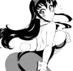  animal_ears areola_slip areolae ass back black_hair black_leotard bow bowtie breasts bunny_ears bunny_girl bunny_tail bunnysuit commentary_request fake_animal_ears fishnet_pantyhose fishnets greyscale kusanagi_tonbo large_breasts leotard monochrome original pantyhose solo strapless strapless_leotard tail wrist_cuffs 