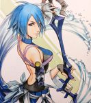  aqua_(kingdom_hearts) ass back backless_outfit bare_shoulders black_gloves black_shorts blue_eyes blue_hair breasts commentary_request detached_sleeves fingerless_gloves gloves grey_gloves hair_between_eyes highres hikonyaaa holding holding_weapon keyblade kingdom_hearts kingdom_hearts_birth_by_sleep light_particles long_sleeves looking_at_viewer marker_(medium) medium_breasts short_hair shorts shoulder_blades smile solo traditional_media turtleneck weapon wide_sleeves 