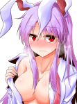  animal_ears bare_shoulders blush breasts breath bunny_ears collarbone commentary_request embarrassed eyebrows_visible_through_hair eyes_visible_through_hair heavy_breathing highres large_breasts long_hair long_sleeves looking_at_viewer necktie nose_blush open_clothes open_shirt oshiaki pink_neckwear purple_hair red_eyes reisen_udongein_inaba self_exposure shiny shiny_skin shirt sidelocks simple_background solo steam tears touhou upper_body wavy_mouth white_background white_shirt wing_collar 