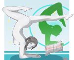  1girl areolae artist_name ass black_hair breasts feet flexible gradient_background grey_eyes handstand looking_at_viewer nipples nude ponytail sarukaiwolf smile solo toes white_skin wii_fit wii_fit_trainer 