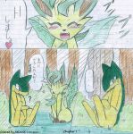  &lt;3 ambiguous_gender atlas_(artist) blush colored comic duo edit eeveelution english_text eyes_closed fangs female feral forest fur green_fur greyscale happy hi_res kemono leafeon lined_paper monochrome nintendo open_mouth pencil_(artwork) pok&eacute;mon pok&eacute;mon_(species) quilava redoxx sketch text traditional_media_(artwork) translated tree video_games yellow_fur 